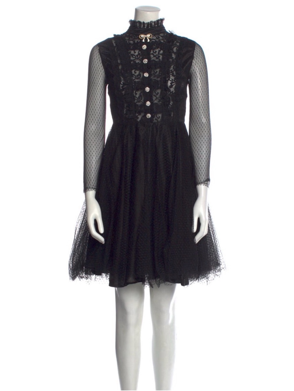 Valentino Black Lace Tulle Long-Sleeve Mini Dress